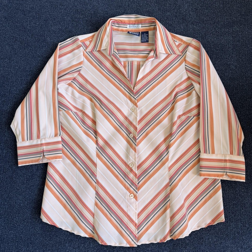 Vintage Cotton Works Button Up Shirt Womens 1X Multicolor Stripe 3/4 Sleeve